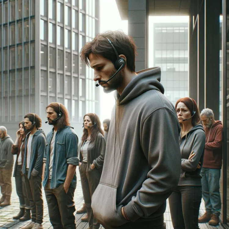 DALL·E 2024 03 06 16.34.05 Create a photorealistic image depicting a scene outside an office building where a group of individuals looking dejected and sad are walking out af