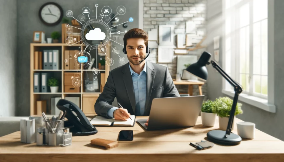 Organisiertes Homeoffice mit modernem Schreibtisch, Laptop, Smartphone und VoIP-Headset. Im Hintergrund ein Bücherregal mit Pflanzen. Eine professionell gekleidete Person arbeitet am Schreibtisch und lächelt in die Kamera. Symbole für Cloud-Telefonie und VoIP-Technologie betonen die produktive und professionelle Arbeitsumgebung.