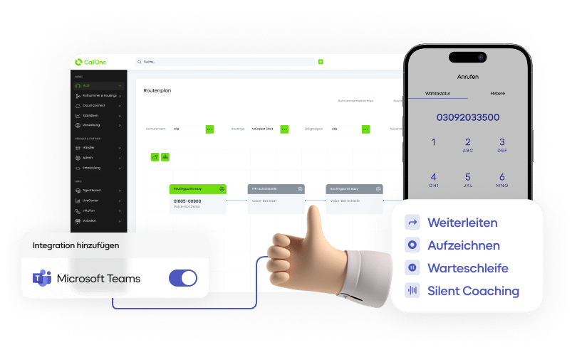 Oberfläche der CallOne Plattform zur Konfiguration von Routings, um Wartezeiten zu reduzieren. Mobiltelefonbildschirm von Teams Telefonie mit der eingegebenen Rufnummer 03092033500 und den Zifferntasten zur Eingabe von Telefonnummern.