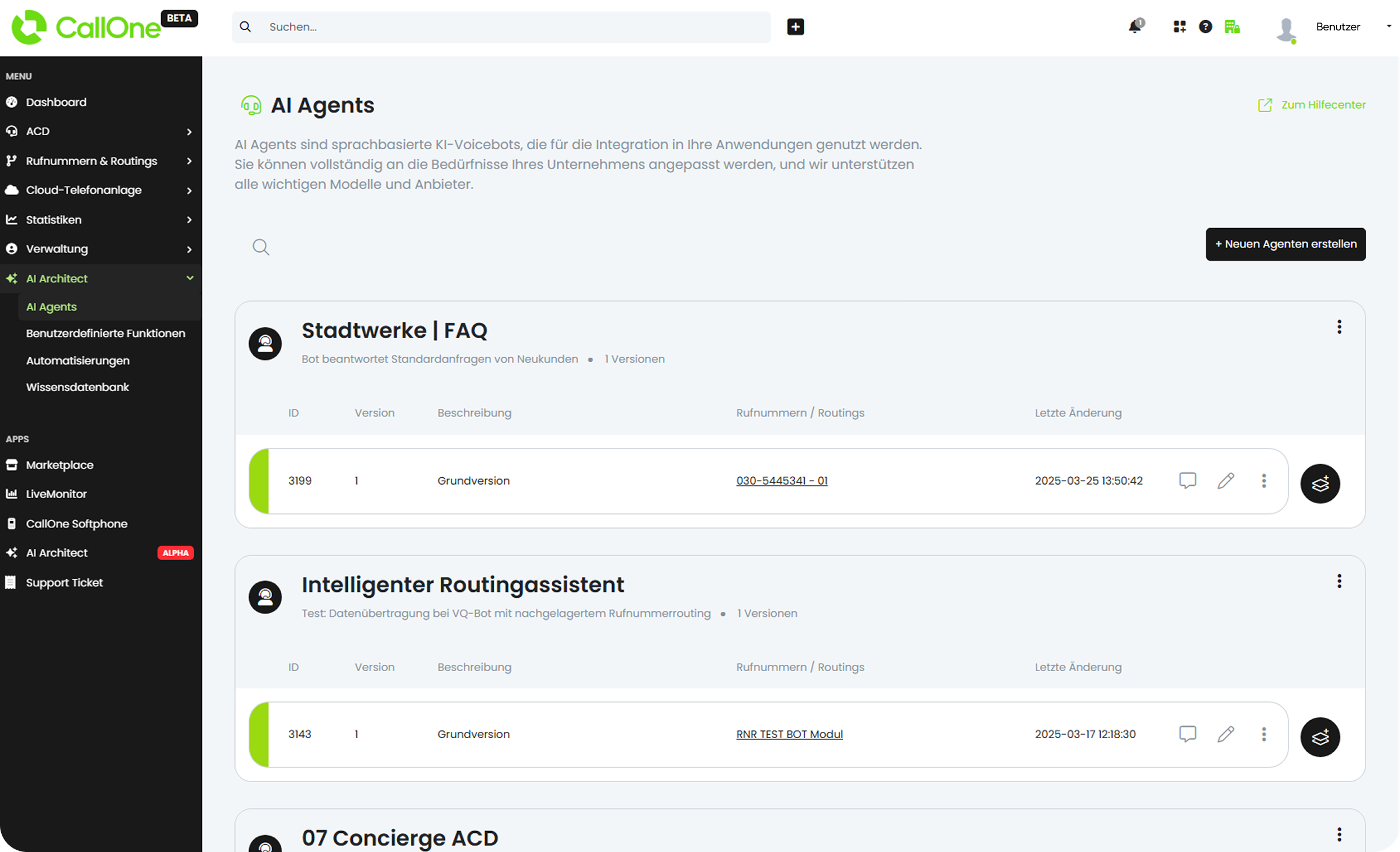 Plattform von CallOne für den VoiceBot